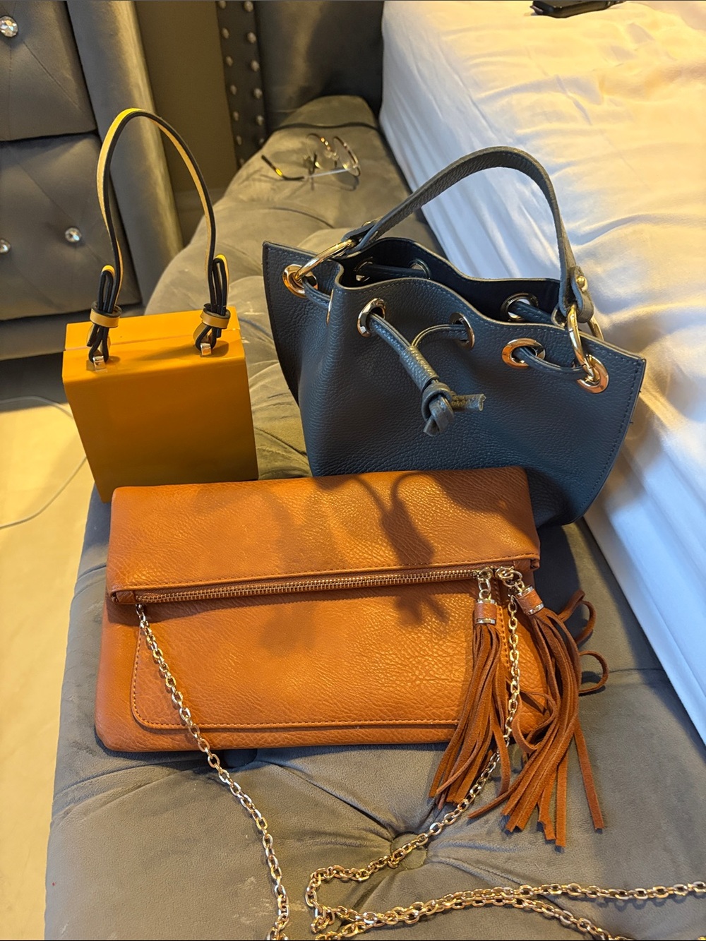 All 3 bags for sale together Yellow bag is TOPSHOP 
Dark greygreen is ANNA PAOLA